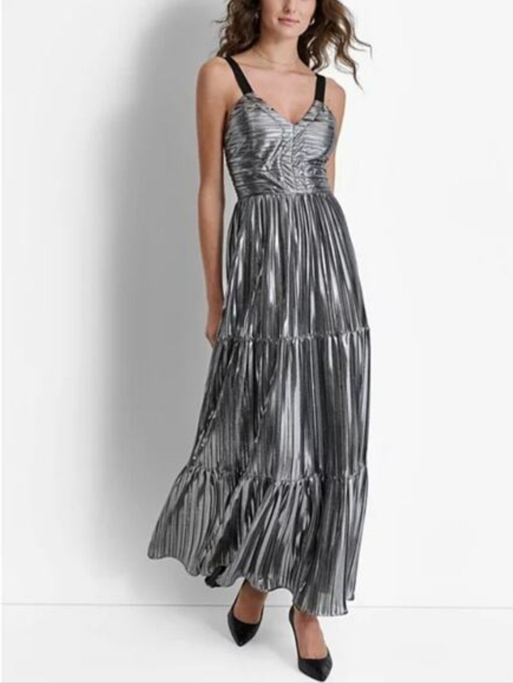 DKNY Metallic Silver Pleated Maxi Dress